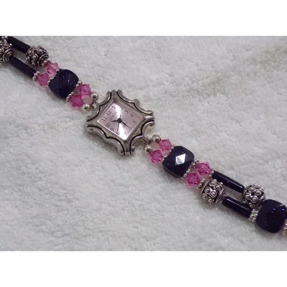 Geneva Womens Beaded Bracelet Watch Pink Black Crystal‎ Silver Tone Toggle Clasp