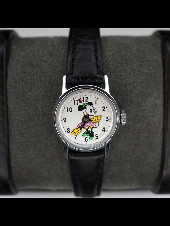 Vintage Disney Minnie Mouse Mechanical Wind-Up Ladies Watch Black Leather Band