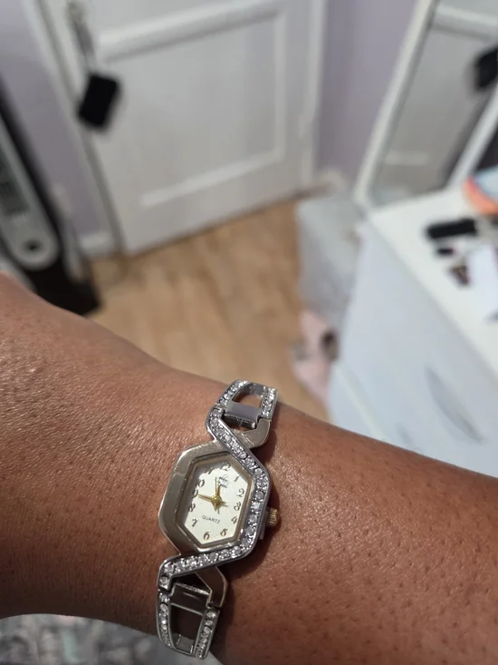 Hexagon Face Crystal Accent Silver Bracelet Watch