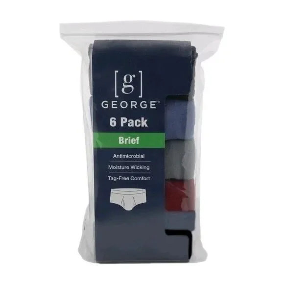 George Men's 6-pack Cotton Briefs Black Blue Gray Red Size 3XL Tagless Wicking
