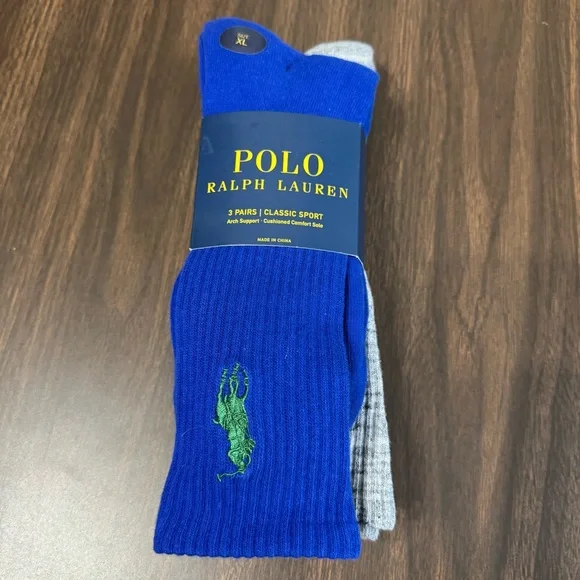 Polo Ralph Lauren 3 Pairs‎ Classic Sport Socks Green Blue Gray Shoe Size 12-17
