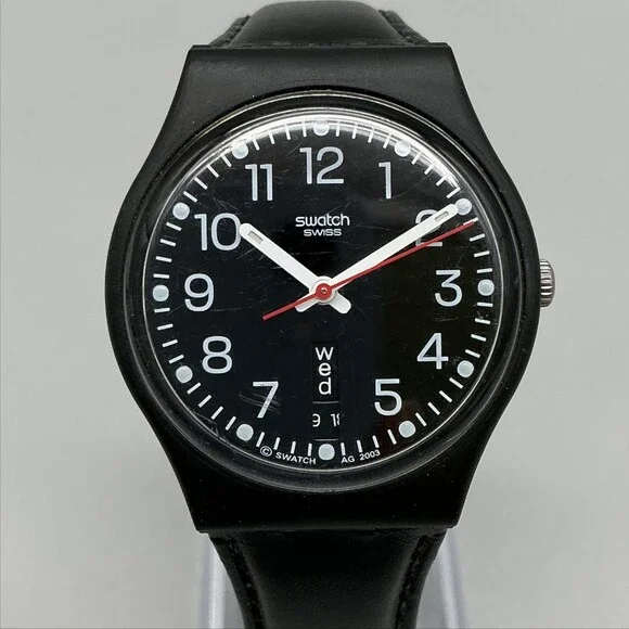 Vtg Swatch Red Sunday Mens Watch 34mm Black Dial Leather Day Date New Battery