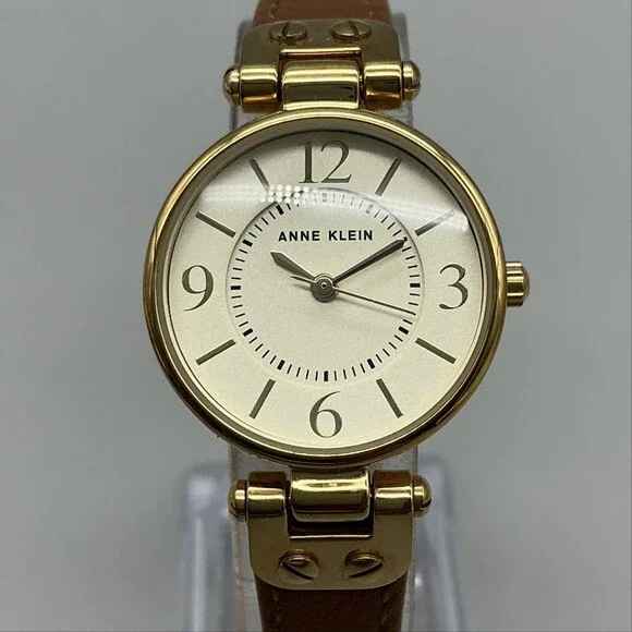 Anne Klein Womens Watch 26mm Gold Tone Champagne Dial Brown Leather New Battery