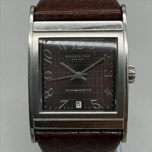 Kenneth Cole KC1238 Mens Watch 32mm Silver Tone Brown Leather Date New Battery