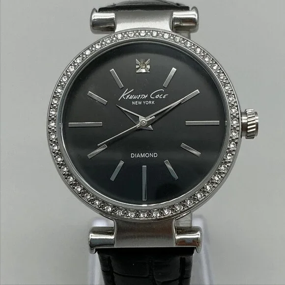 Kenneth Cole Womens Watch 35mm Silver Tone Diamond Black KC2898 New Battery