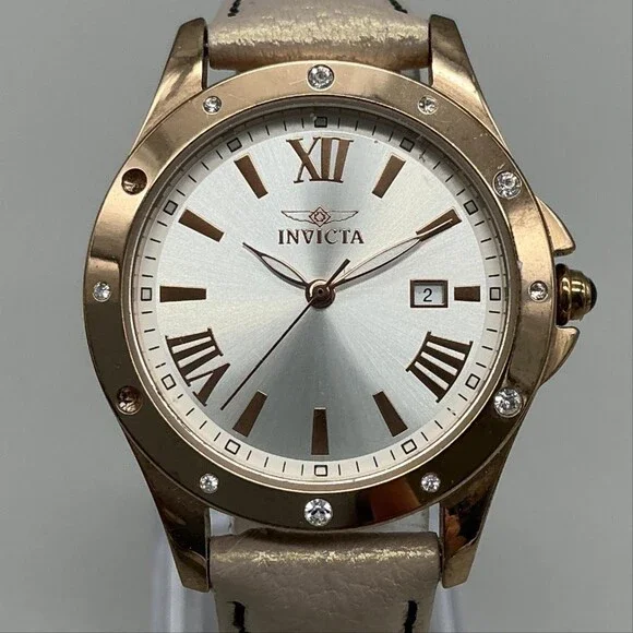 Invicta Angel Womens Watch 33mm Silver Rose Gold Tone Beige Leather New Battery