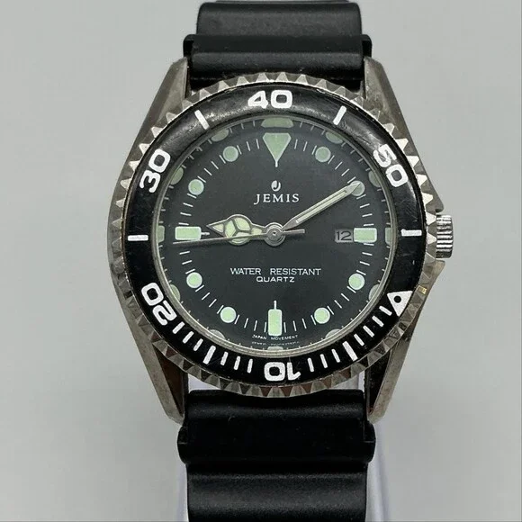 Vintage Jemis Mens Watch 33mm Black Sport Diver Dial Rubber Date New Battery