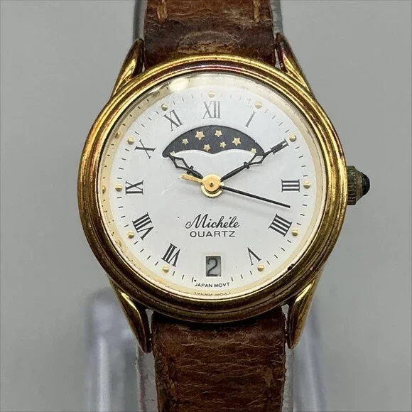 Vintage Michele Womens Watch 23mm Gold Tone Moon Phase Brown Leather New Battery