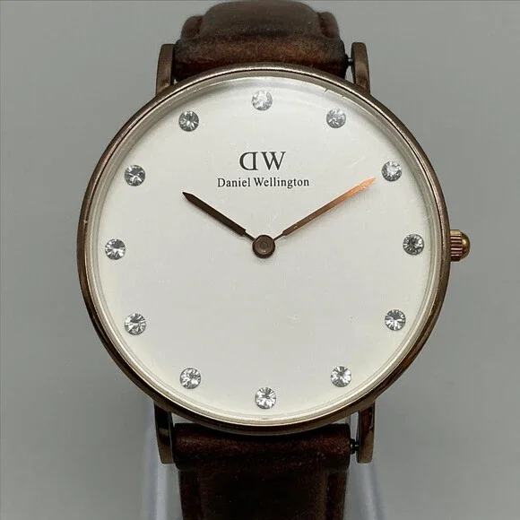 Daniel Wellington Womens Watch 34mm Gold Tone Brown Leather Band New Battery