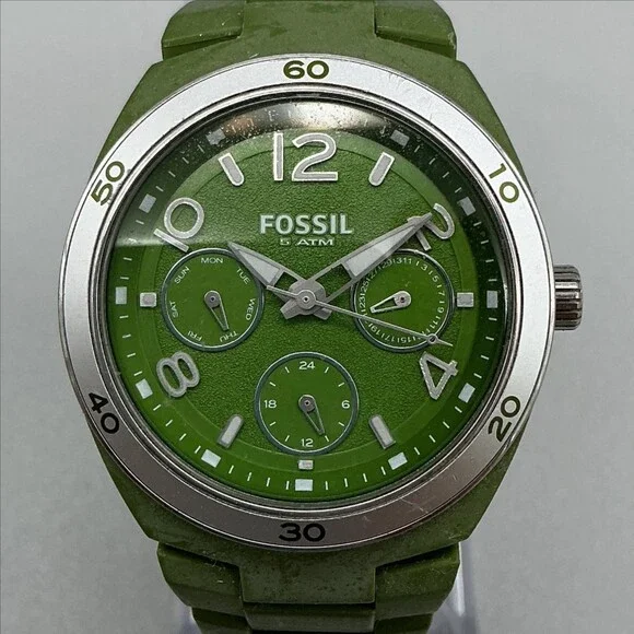 Fossil CECS-2571 Womens Watch 36mm Green Dial Resin Day Date New Battery 6.25