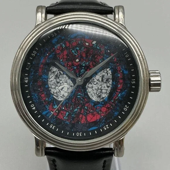 Marvel Comics Spider-Man Mens Watch 43mm Multicolor Dial Leather New Battery