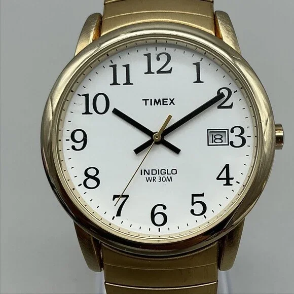 Timex Indiglo WR 30M Mens Watch 35mm Gold Tone Date Stretch New Battery