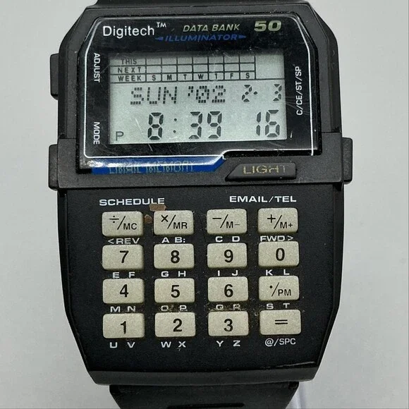 Digitech Data Bank 50 Mens Watch 36mm Digital Black Rubber Strap New Battery