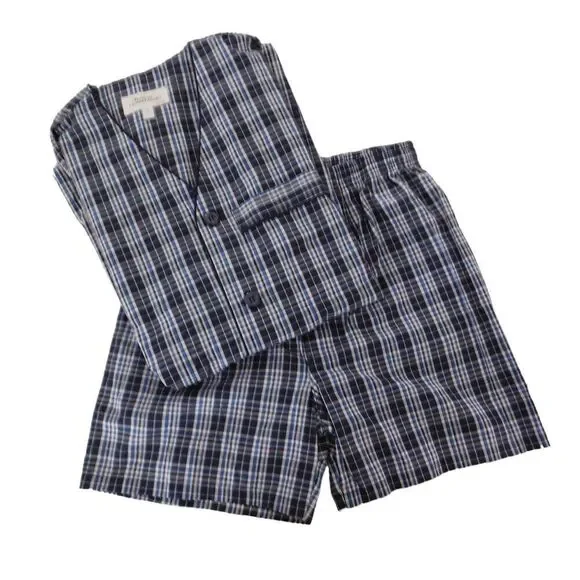 NEW Mens Cotton‎ Pajamas Short Sleeve Shorts Blue Plaid Button Front Size Small