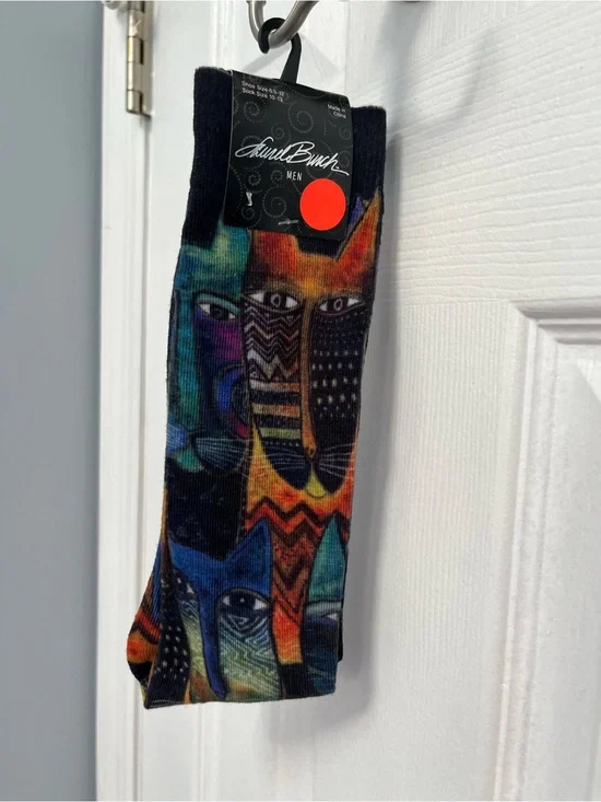 Laurel Burch Men’s Multicolor Graphic Socks Vibrant Cat Pattern Sz 6.5-12 New