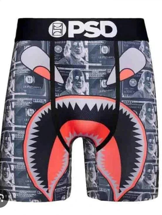 -- PSD Men’s Shark Money Print Boxer Briefs - Black & Orange Size XLarge