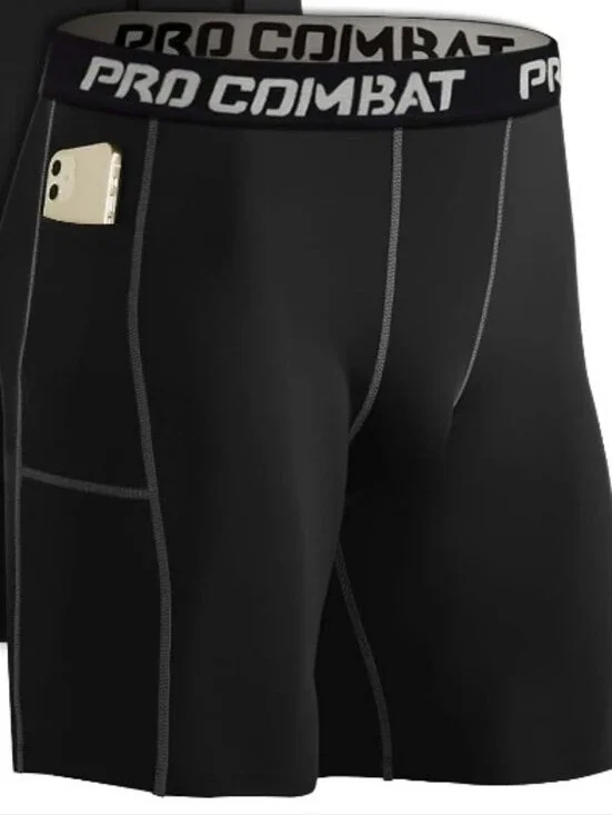 -- 3 PRO COMBAT Black Mens Compression Shorts with Side Pockets Size XL