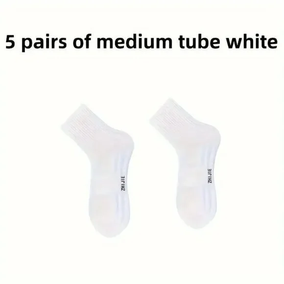 5 Pairs Of Unisex Socks Men's Mid Crew Breathable Sport Socks Color White