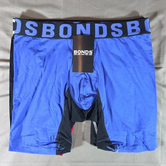 Bonds Underwear Anti-Chafing Boxer Small 3 Pack Black & Red/White, Blue Melody