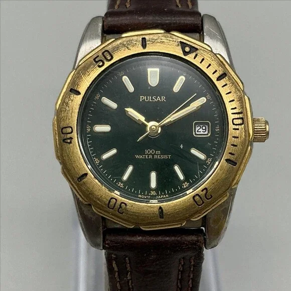 Vintage Pulsar Womens Watch 28mm Green Dial Brown Leather Diver Date New Battery