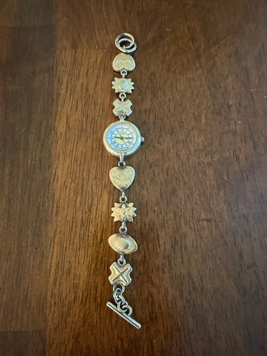 Vintage Fossil Heart & Motif Charm Bracelet Watch - Silver Tone