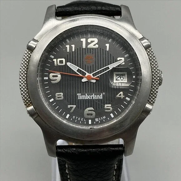 Timberland Mens Watch 40mm Black Dial Leather Date Indiglo 50M WR New Battery