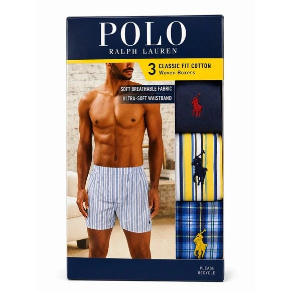 Polo Ralph Lauren Woven Boxer Men S Blue Yellow 3-Pack Classic Fit NCWBP3 Cotton