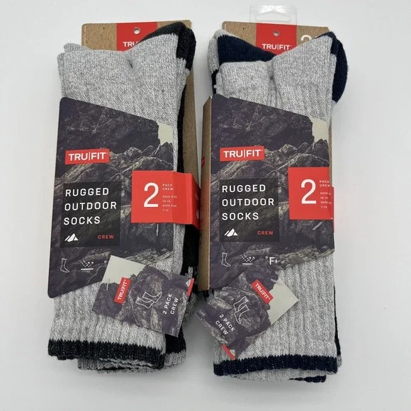 TruFit Rugged Outdoor Socks Mens Sock Size 10-15 Crew Gray 2- 2 Packs Hiking