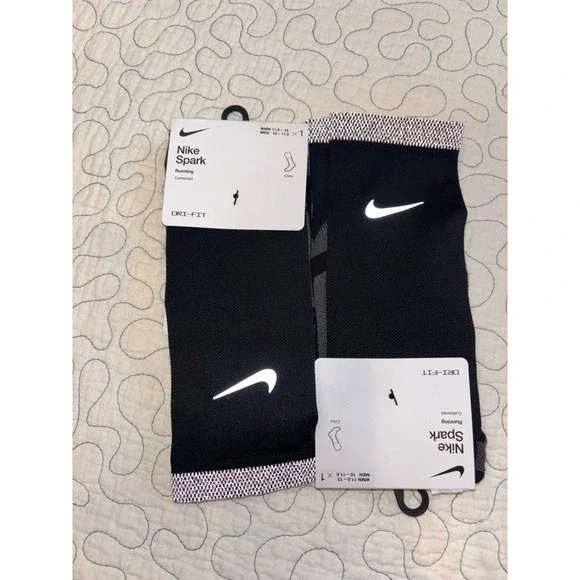 Nike Spark Cushioned Running Crew Socks Mens 10-11.5 Black Dri-FIT 2 Pairs