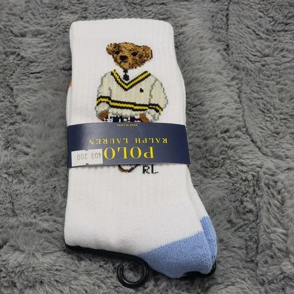 Polo Ralph Lauren Crew Socks Mens 10-13 White Sweater Polo Preppy Bear Mid Calf