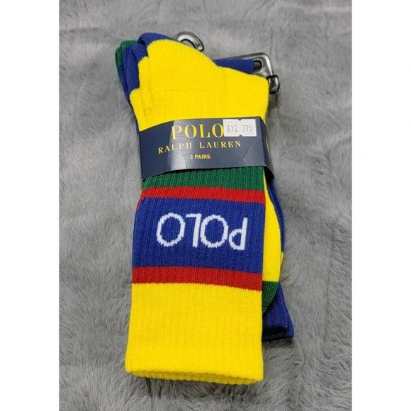 Polo Ralph Lauren Socks Mens 10-13 Multicolor Stripe POLO Logo Mid Calf 2 Pairs