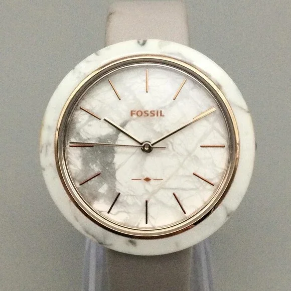 Fossil Womens Watch 38mm Faux White Marble Dial Gray Leather ES4371 New Battery