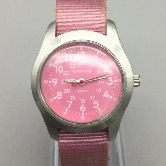 TOKYObay Womens Watch 32mm Pink Dial Nylon CRACKED CRYSTAL New Battery