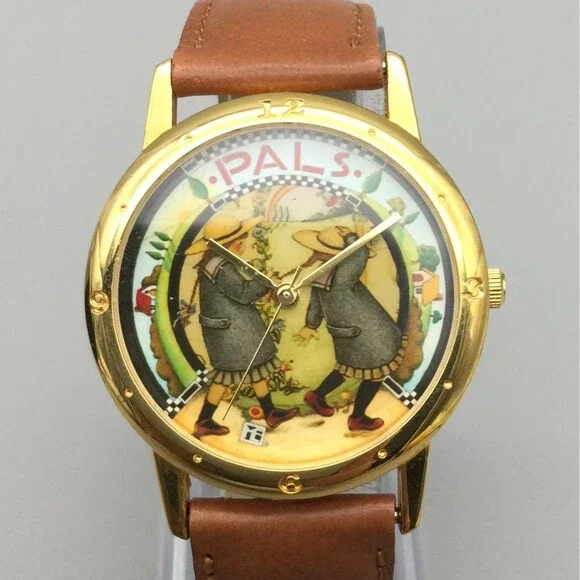 Mary Engelbreit Pals Womens Watch 34mm Gold Tone Brown Leather Band New Battery