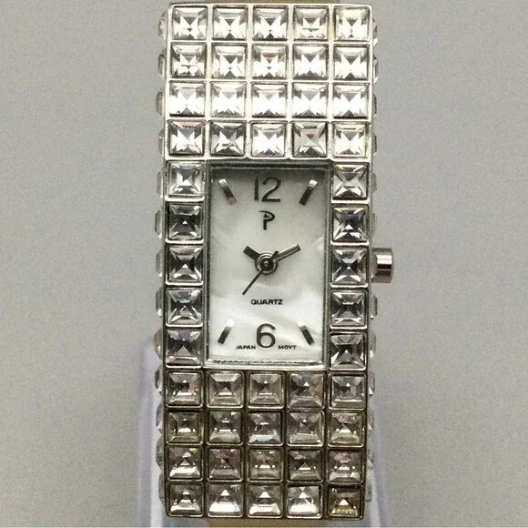 Crystal Bezel Womens Watch 20mm Silver Tone Case Gold Leather MOP New Battery