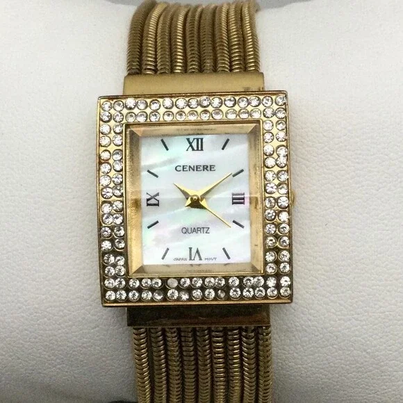 Cenere Womens Watch 24mm White MOP Dial Gold Tone Crystals New Battery 7.25