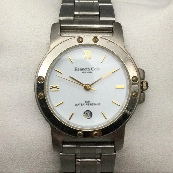 Kenneth Cole Mens Watch 38mm White Dial Steel Date 50M KC0302 New Battery 8