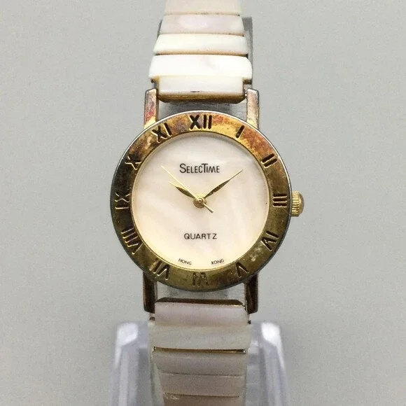 SelecTime Womens Watch 24mm MOP Dial Gold Bezel Stretch Band New Battery