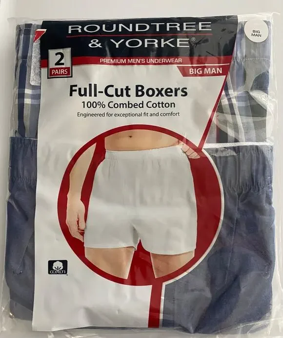 Roundtree & Yorke 2 Pack Full Cut Boxer Boxers Plaid Combed Cotton Underwear 56