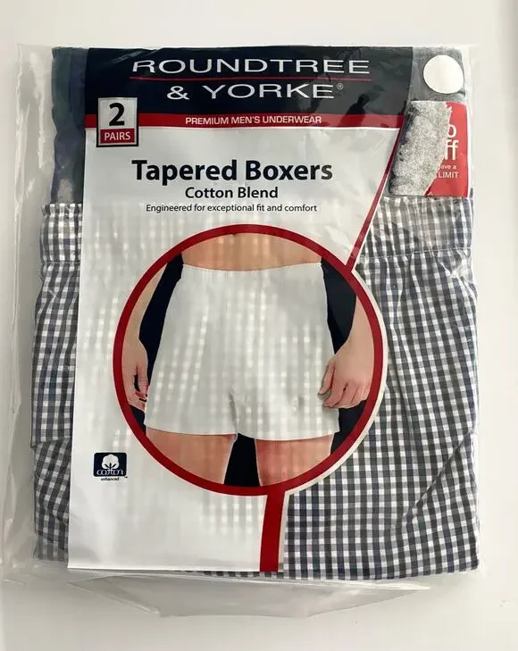 Roundtree & Yorke 2 Pack Tapered Boxer Boxers Plaid Cotton Blend Underwear 42