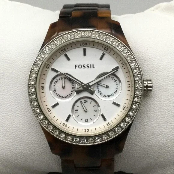 Fossil Stella ES2456 Womens Watch 37mm Faux Tortoise Crystals New Battery 6.75