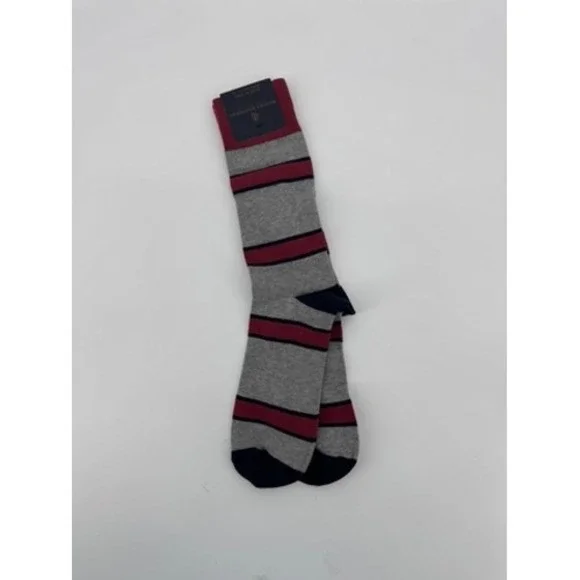 Brooks Brothers Crew Socks Mens OS Grey Burgundy Striped Made in Italy New