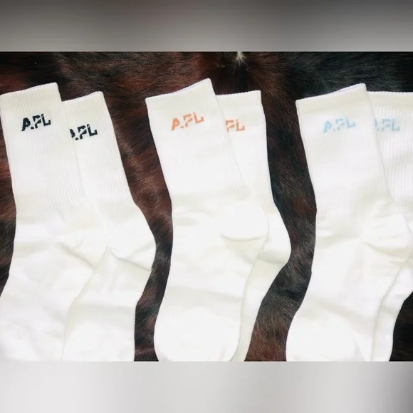 APL UNISEX White Crew Socks with Multicolor Logos 3/$30