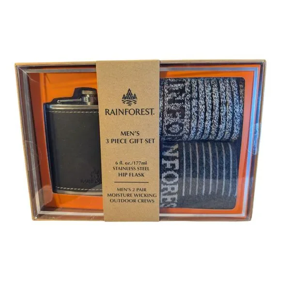 Rainforest 3 Piece Gift Set with 2 Pair Crew Socks and Stainless Steel Hip Flask