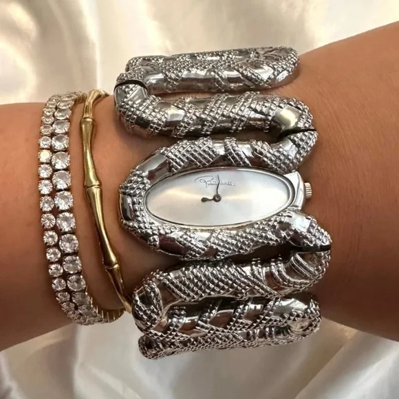 New $640 Roberto Cavalli Cleopatra Women's Analog Silver Tone Snake Watch