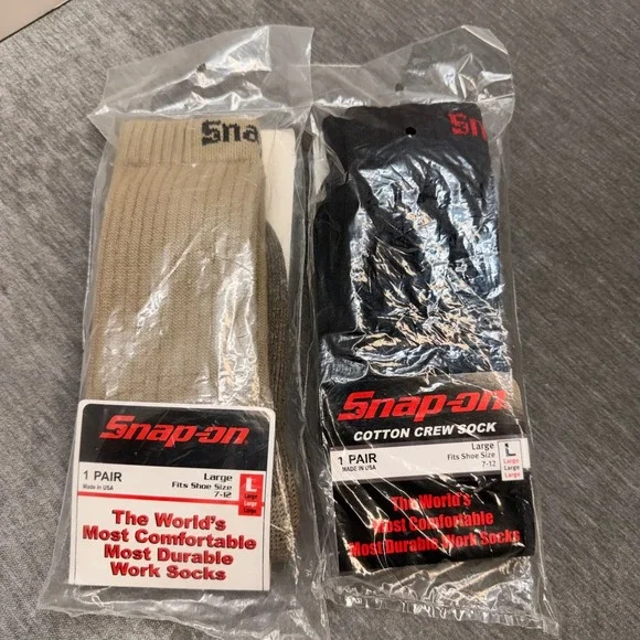 Snap-on Tools Large Mens Cotton Crew Socks 2 Pair Lot Black Tan Fits 7-12 USA
