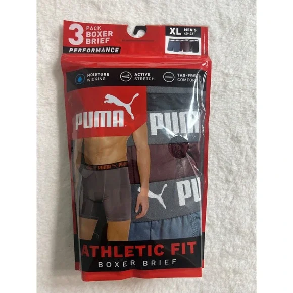 PUMA 3 PACK BOXER BRIEF PERFORMANCE UNDERWEAR Black Gray Burgundy Men's XL