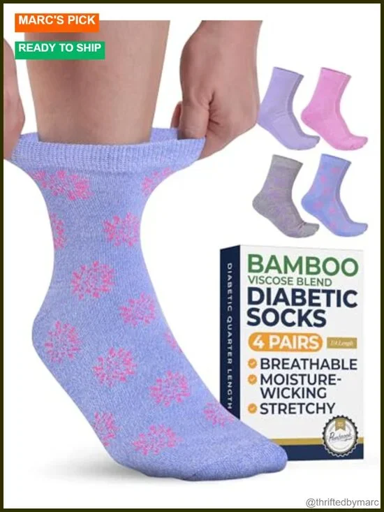 Ankle Diabetic Socks 4-Pair Pack Moisture-Wicking Bamboo Viscose Loose Top Crew