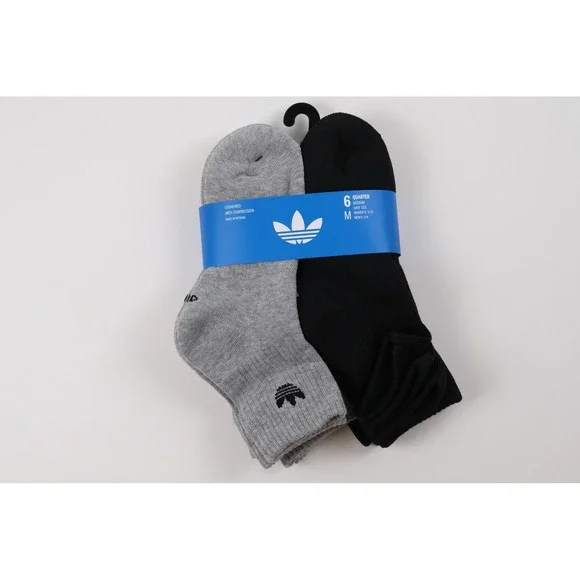 Adidas Socks 6 Pack Quarter Originals Gray Black Medium NWT