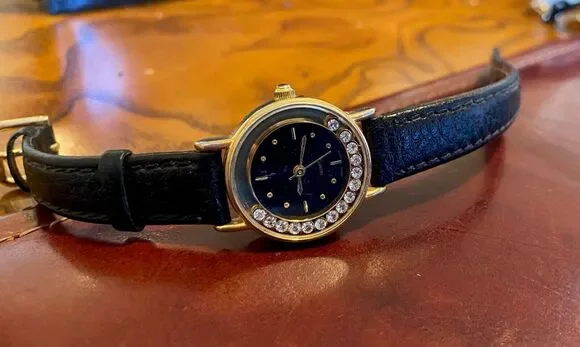 Women's 24mm Gold Tone Avon Watch, Crystal Accents, Black Leather Band